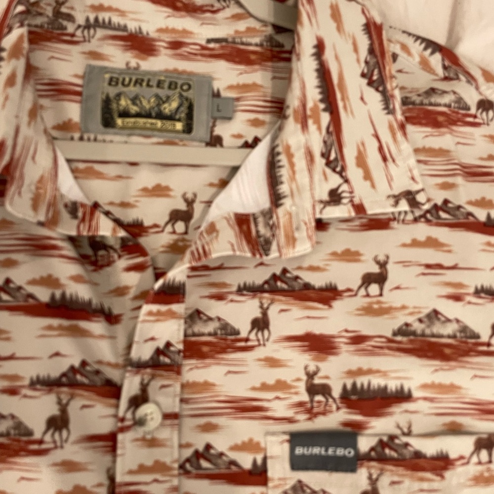 BURLEBO White and Brown Deer and Mountain Print Casual Button Down Shirt